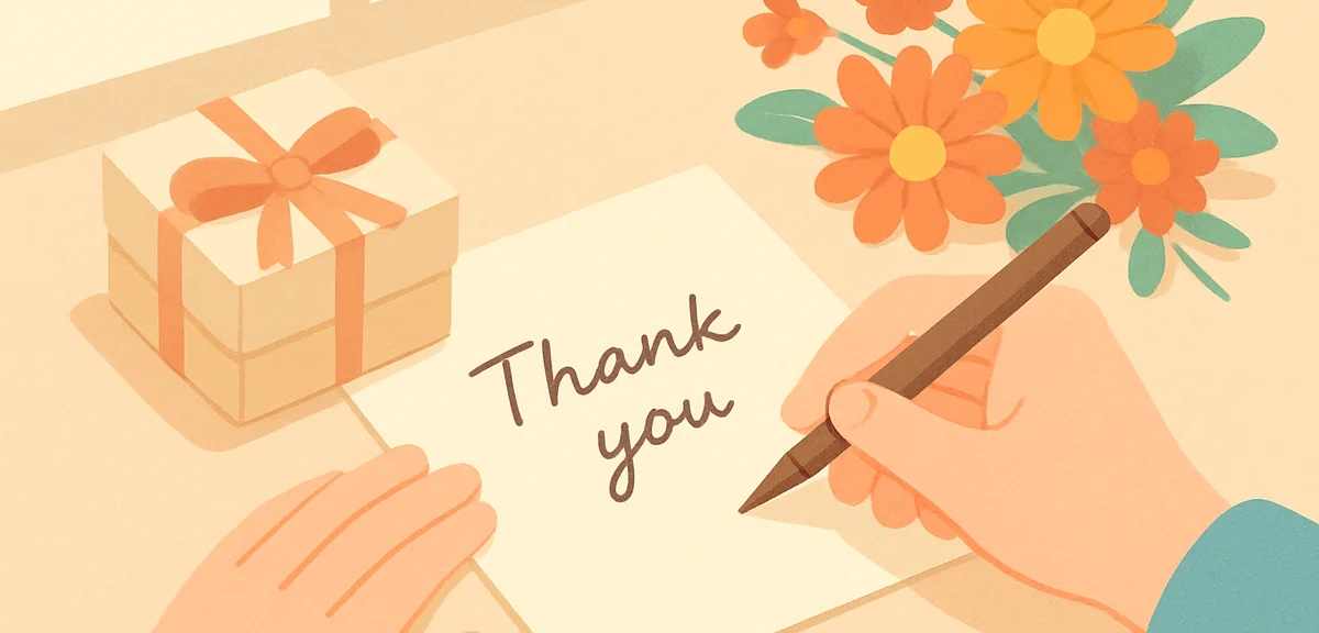 A close-up of Japanese hands writing a handwritten thank-you message card on washi paper beside a sm