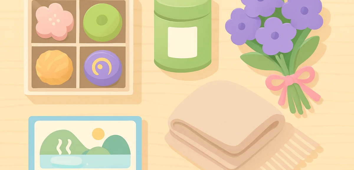 A flat lay of Japanese Respect-for-the-Aged Day gift options arranged neatly on a wooden table: waga