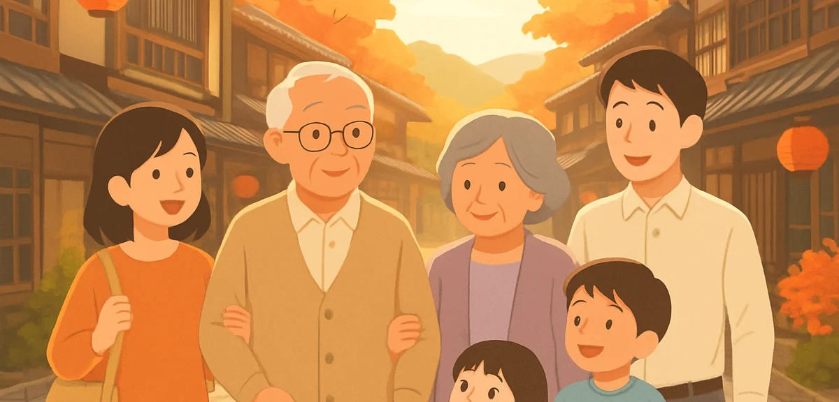 Three generations of a Japanese family walking together along a quiet autumn hot spring town street,