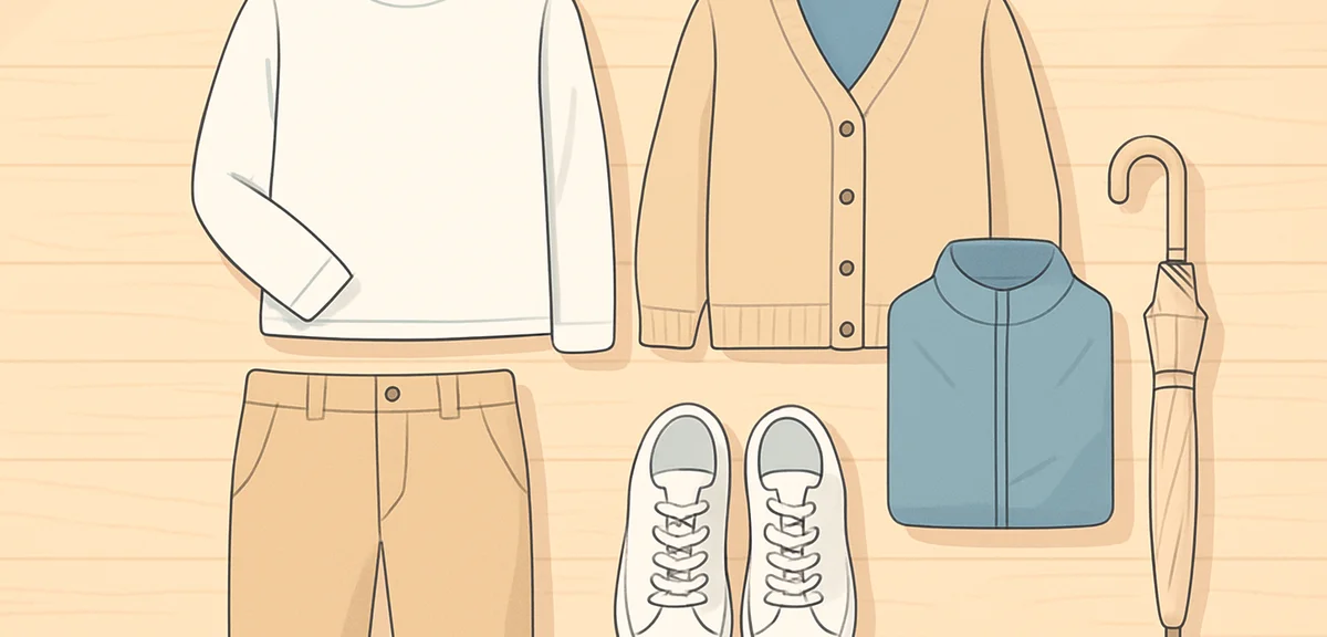 A clean flat-lay of late-September Japanese travel clothing on a light wooden floor: a light long-sl