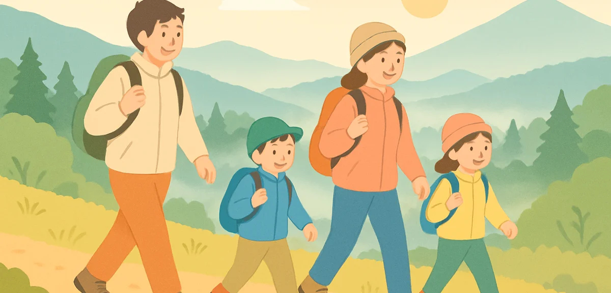 A family of four hiking on a highland plateau trail in Japan in late September, wearing layered clot