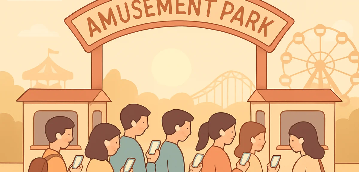 A crowded amusement park entrance gate early in the morning, anonymous visitors lined up with smartp