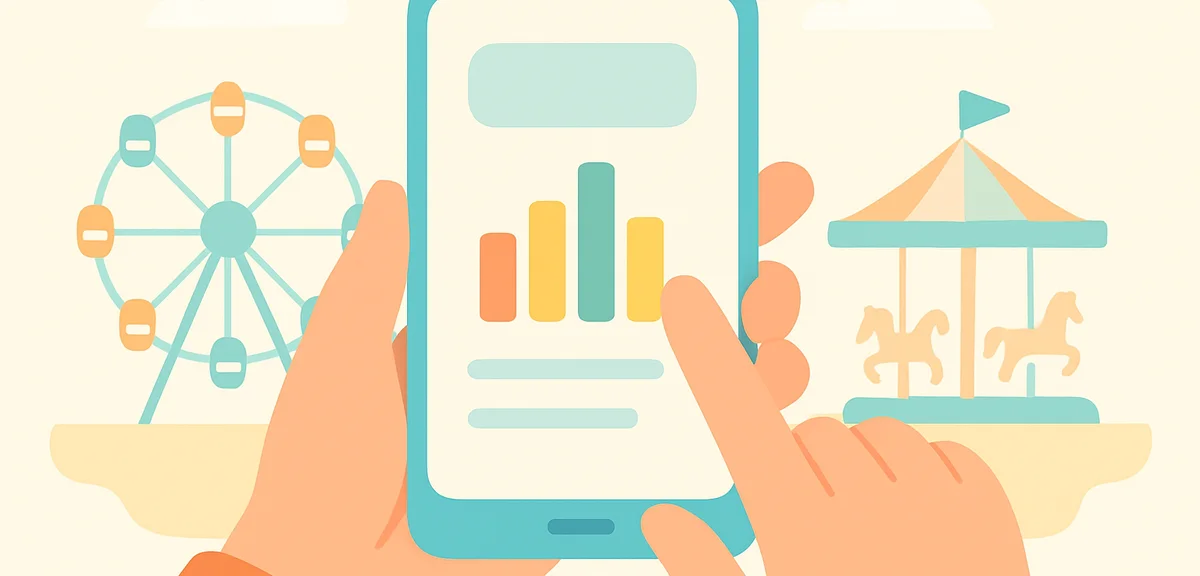 Close-up of hands holding a smartphone showing an abstract queue-time app interface with colorful ba