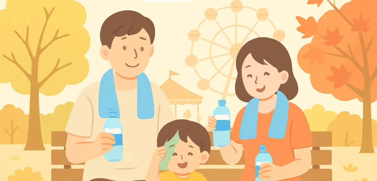 A Japanese family with a young child resting on a shaded bench in a generic amusement park in early