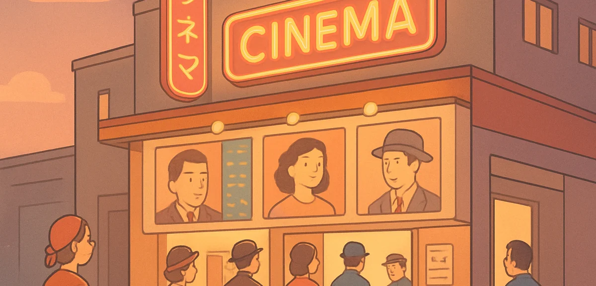 A vintage 1950s Japanese cinema facade at dusk, retro movie posters and neon signage, people in peri
