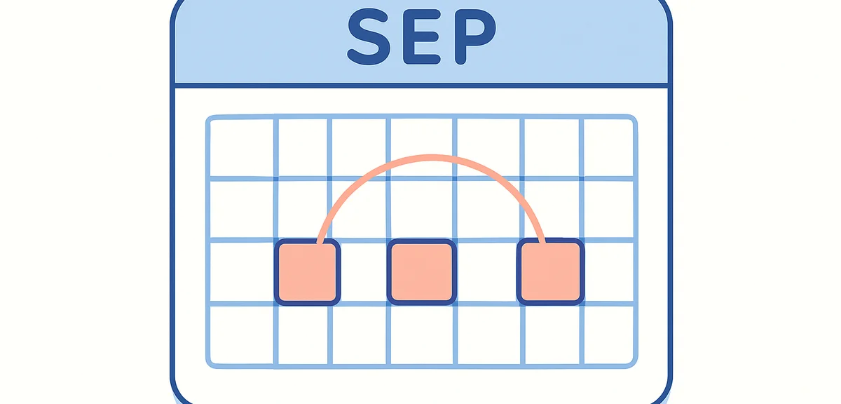 A minimalist flat-design illustration of a September calendar grid, three highlighted holiday square