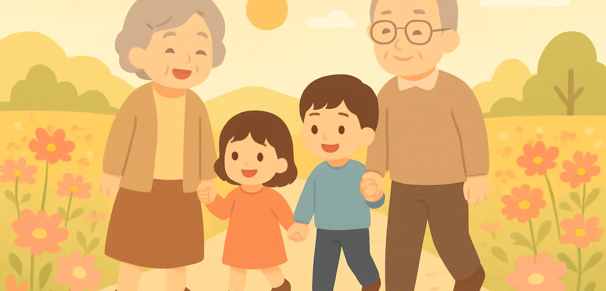 An elderly Japanese couple and their grandchildren walking together along a quiet countryside path l