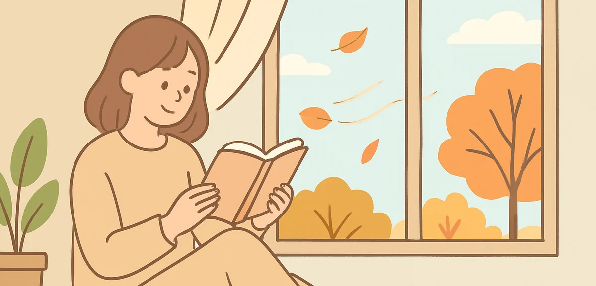 A person in comfortable loungewear reading a book by a window in a modern Japanese home, autumn bree