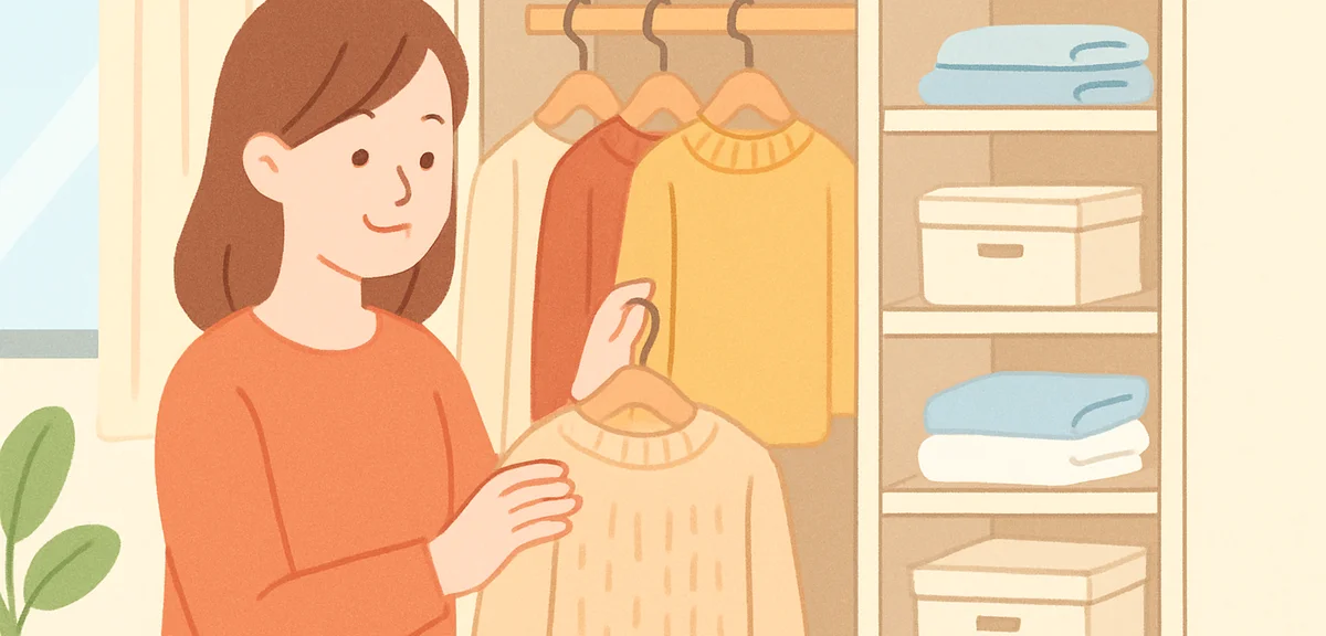 A tidy Japanese closet being organized for the season change, folded summer clothes in storage boxes