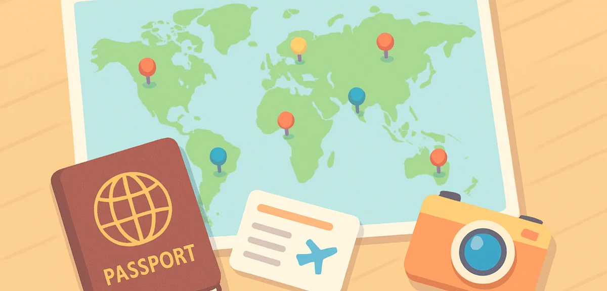 A world map on a wooden table with a passport, boarding pass and a small camera, colorful pins marki