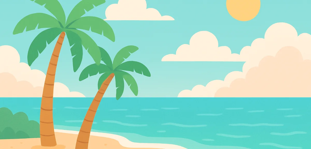 A scenic tropical beach with palm trees and calm turquoise water under a partly cloudy September sky