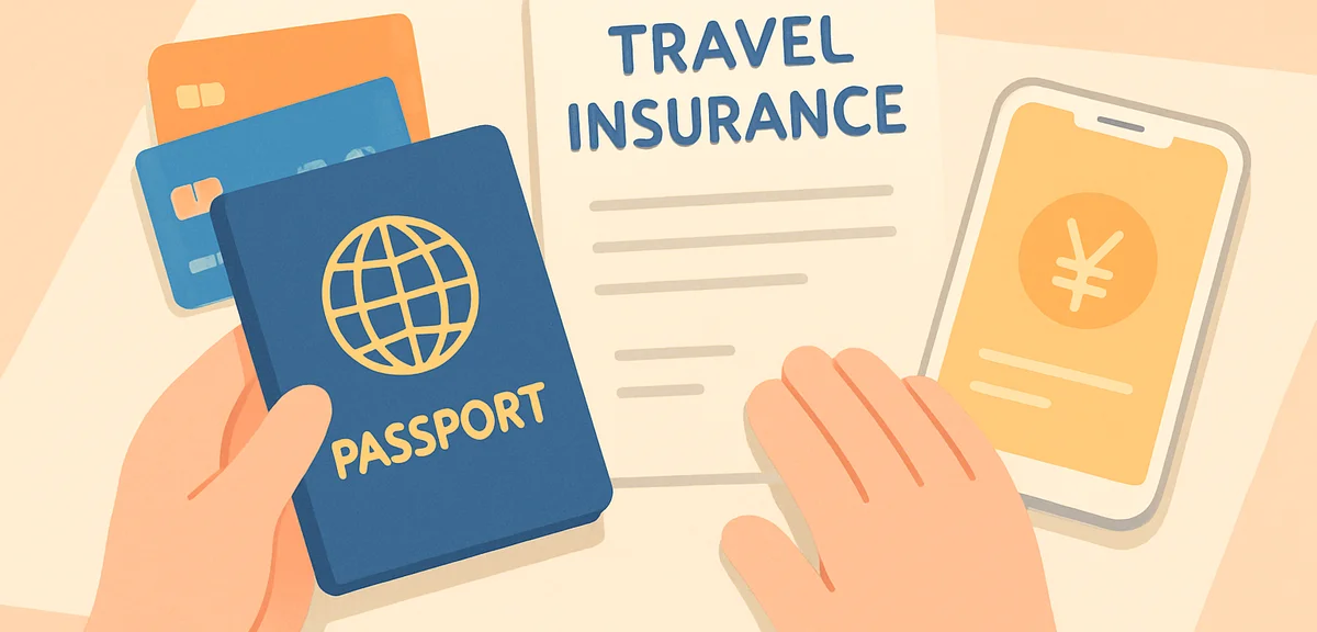 Close-up of hands organizing travel essentials on a desk: passport, travel insurance document, credi