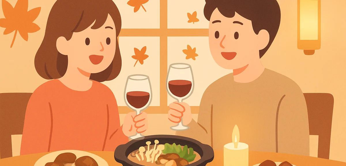 A couple enjoying an autumn seasonal Japanese dinner at a cozy restaurant, small plates of mushrooms