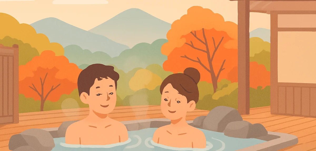 A couple relaxing at an open-air hot spring ryokan in early autumn, wooden terrace overlooking misty