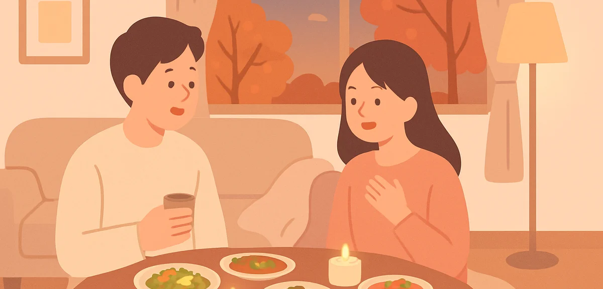 A cozy home date night for a couple in a modern Japanese apartment, low table with homemade dishes a