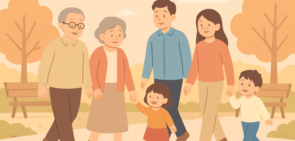 An elderly Japanese couple walking slowly and comfortably with their adult children and grandchildre