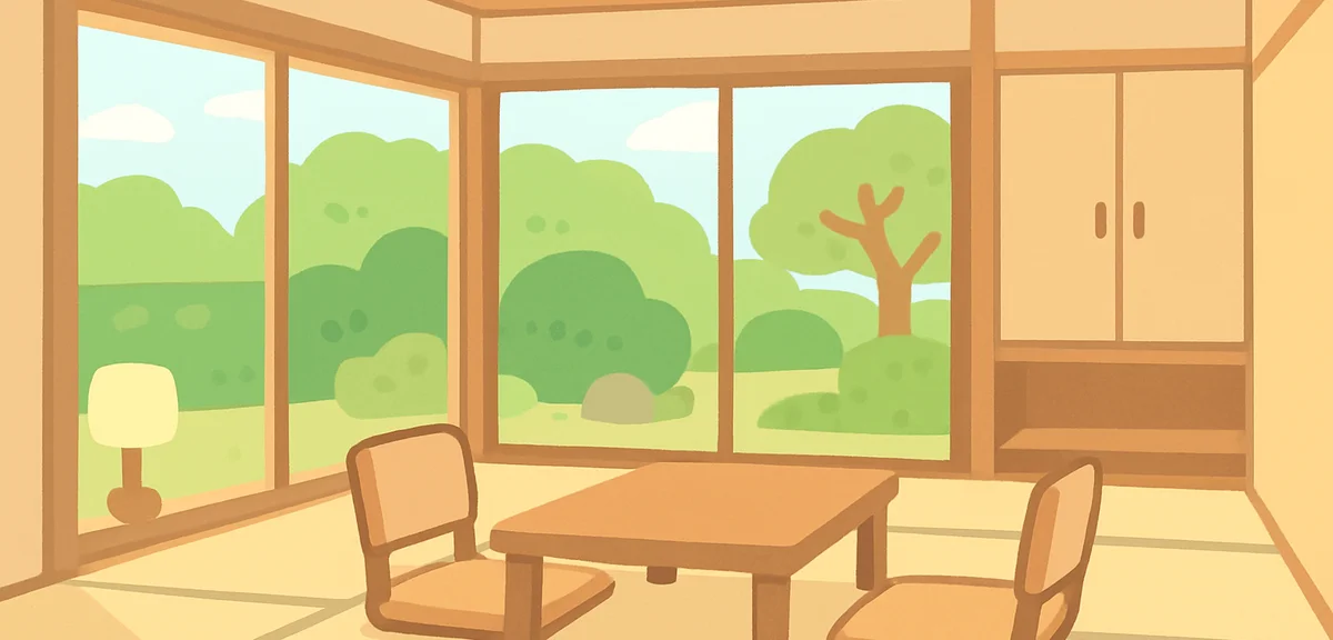 Interior of a spacious barrier-free Japanese ryokan guest room with low tables, floor chairs with ba