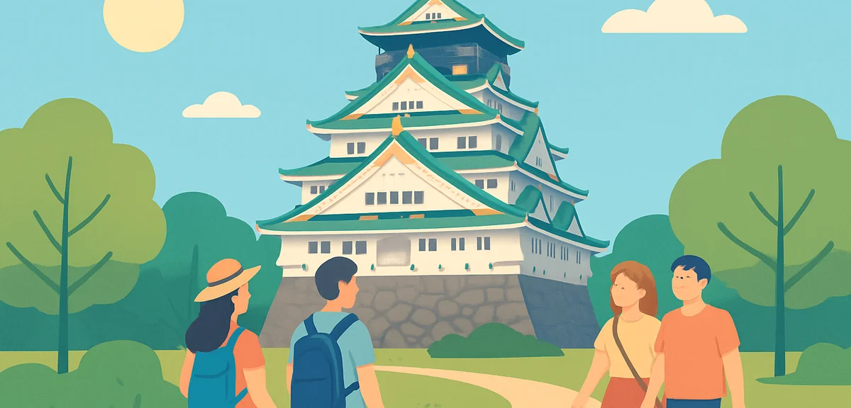 Osaka Castle surrounded by green park trees under a bright late-September blue sky, tourists strolli