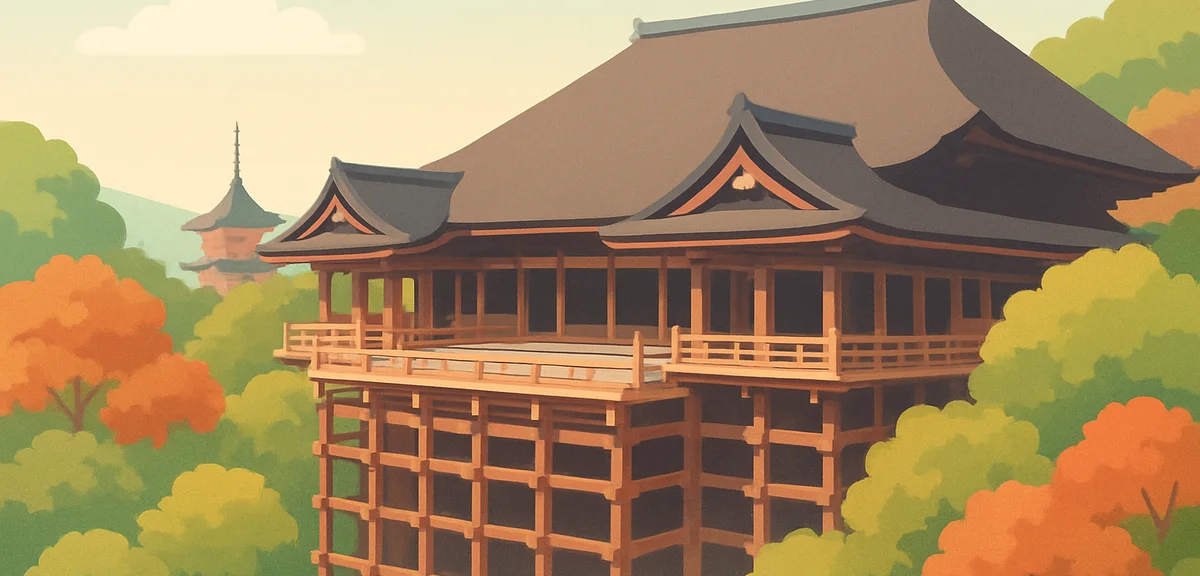 Kiyomizu-dera temple wooden stage in Kyoto with lush greenery and early autumn tint, soft morning li