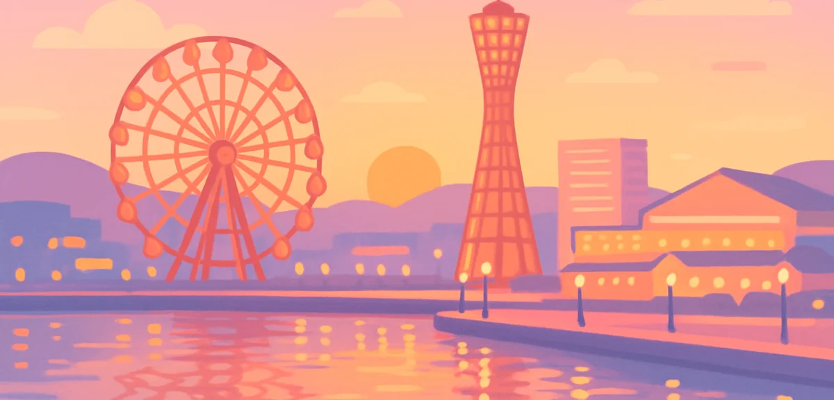 Kobe Harborland waterfront at golden hour, Mosaic ferris wheel and port illumination reflecting on c