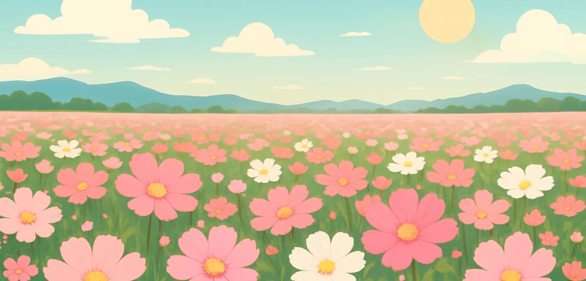 A vast field of pink and white cosmos flowers in full bloom under a bright late-September sky in the