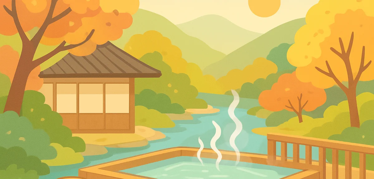 A quiet Japanese day-trip hot spring facility surrounded by early autumn greenery in a river valley,