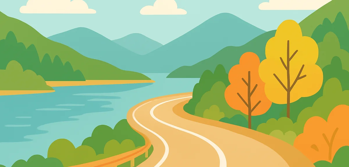 A mountain road in the highlands of Nikko Japan in late September with a few trees just beginning to