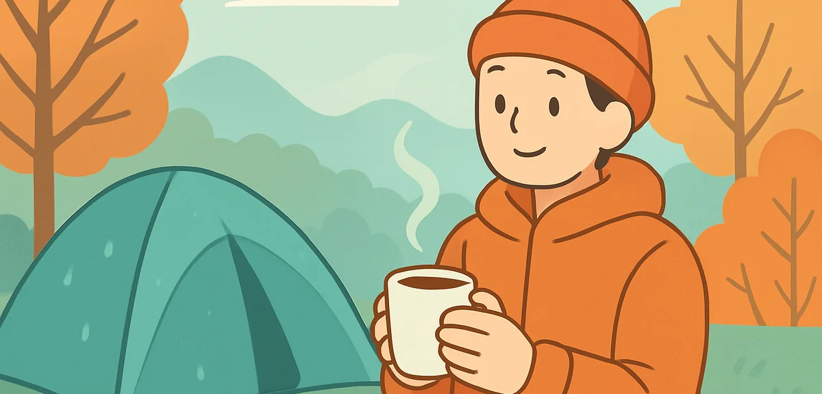 Morning mist over a Japanese autumn campsite, dew on a tent, a person in a warm jacket holding a hot
