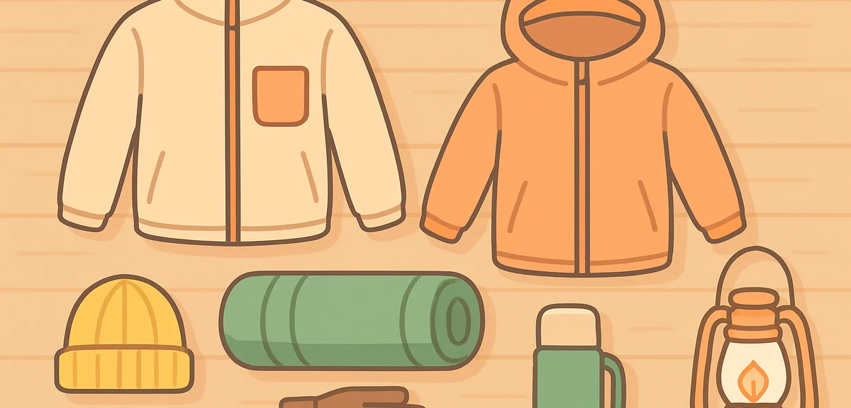 Flat lay of autumn camping gear on a wooden table: fleece jacket, rain wear, sleeping bag, beanie, g