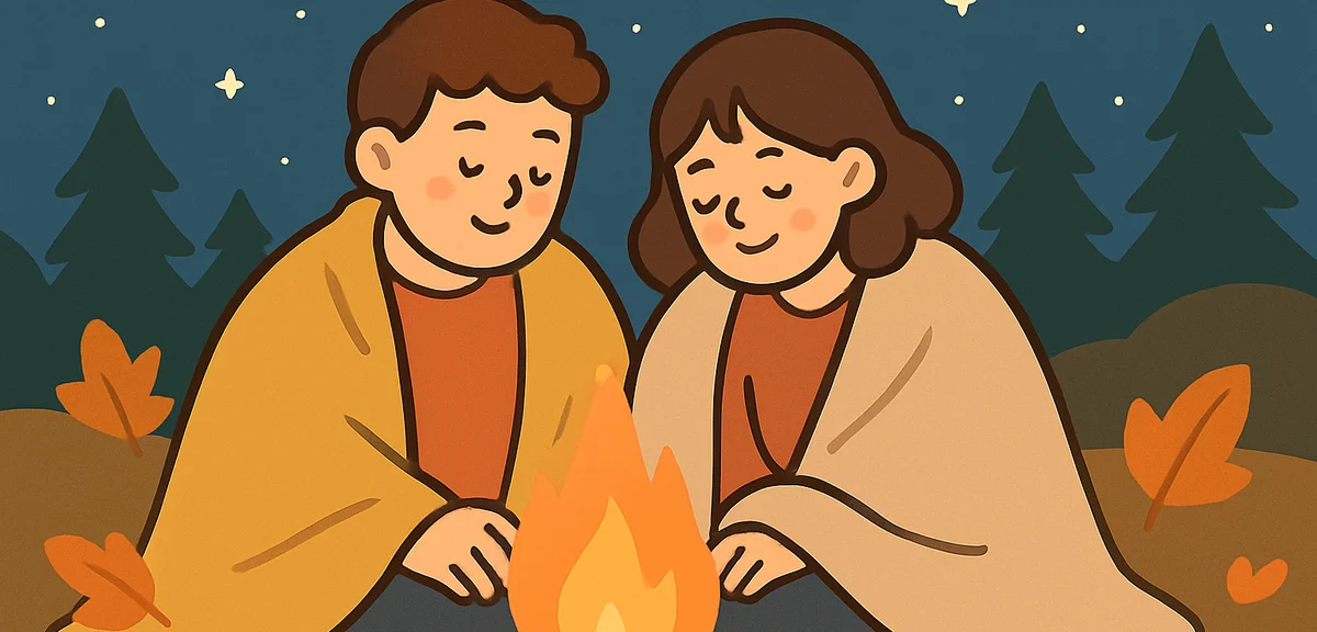 A couple relaxing beside a crackling campfire at night in autumn, warm orange firelight on their fac