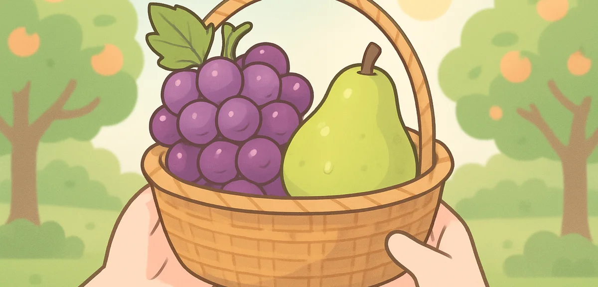 Close-up of hands holding freshly picked purple grapes and a green pear in a wicker basket at an orc