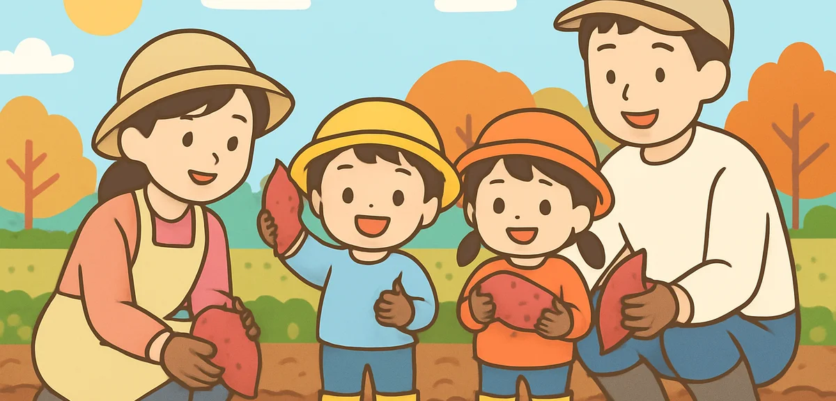 A family with young children digging sweet potatoes in a sunny field in autumn, kids wearing hats an