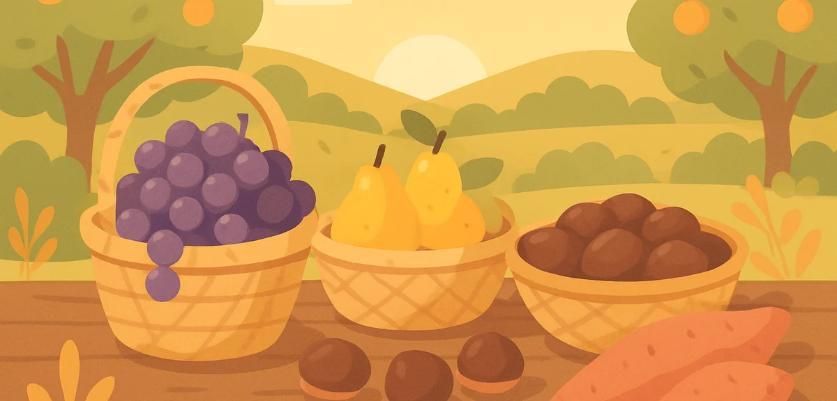 A rustic wooden table outdoors displaying an autumn harvest of grapes, pears, chestnuts and sweet po