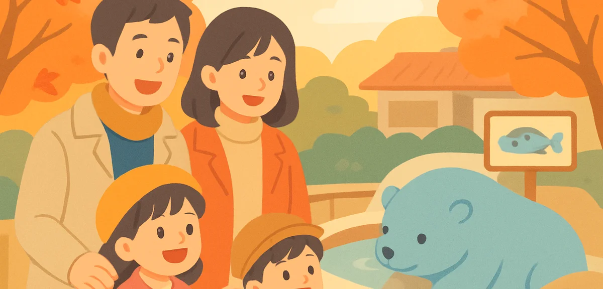 A family enjoying an autumn event at a Japanese zoo or aquarium during a holiday weekend, children l