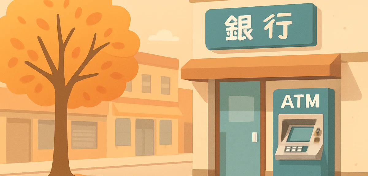 A Japanese bank ATM corner in a quiet shopping area during a national holiday, closed teller windows