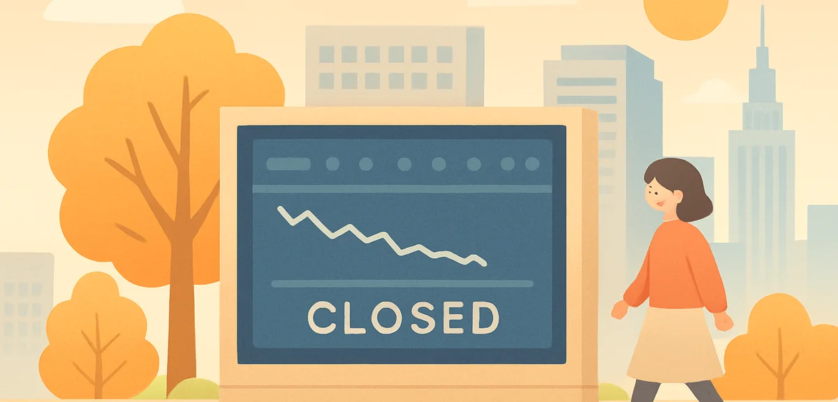 A calm digital stock market board showing a closed market during a Japanese holiday, dimmed screens,