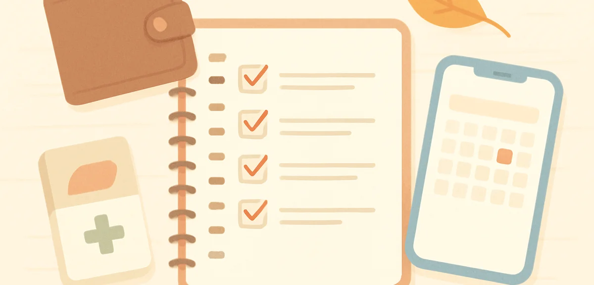 A tidy checklist notebook on a wooden desk with a wallet, medicine box, and a smartphone showing a c