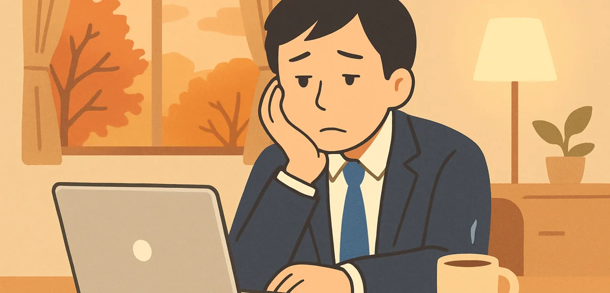A tired Japanese office worker in their 30s sitting at a home table on the last evening of a long ho