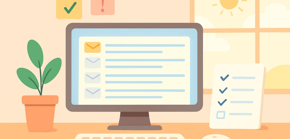 An organized desk with a neatly categorized email inbox on a monitor, sticky notes with priorities,