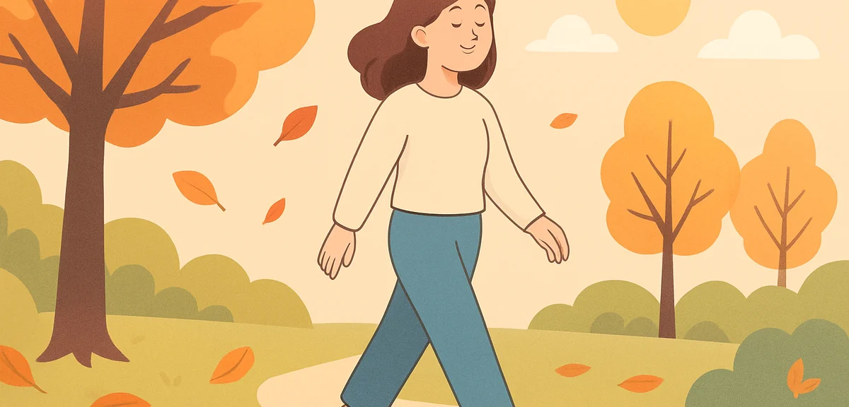A person taking a gentle walk in a park with autumn leaves in the early morning, relaxed and mindful