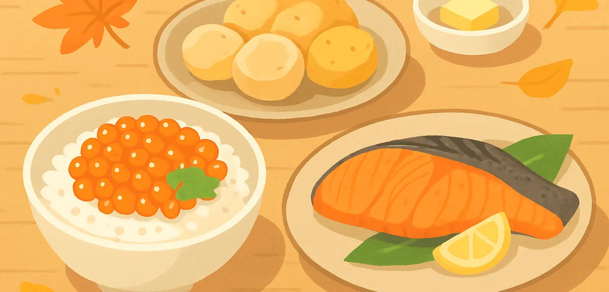A vibrant Hokkaido autumn food spread, fresh salmon roe ikura over rice, grilled autumn salmon, scal