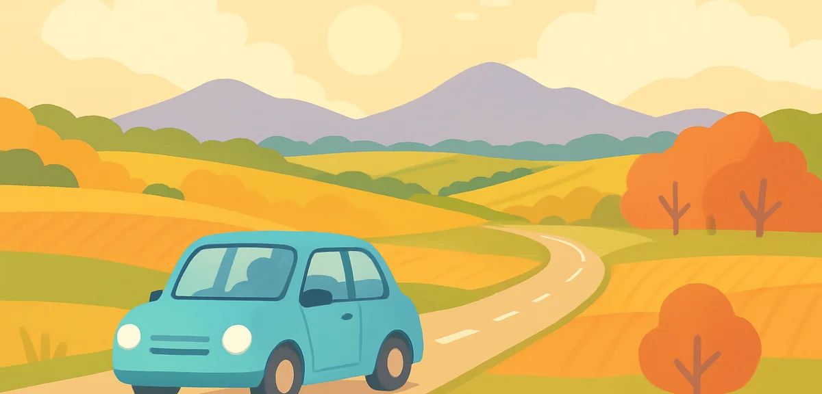 A rental car driving on an open Hokkaido countryside road in late September, rolling farmland of Fur