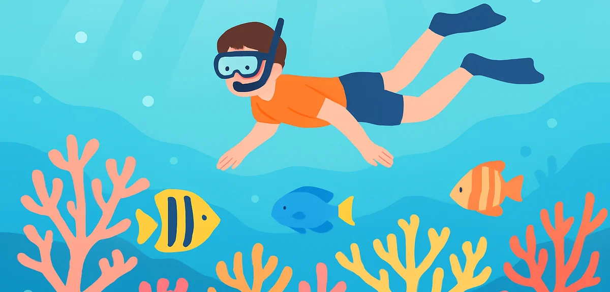 A snorkeler swimming over a vivid coral reef with tropical fish in warm clear Okinawa waters, sunlig