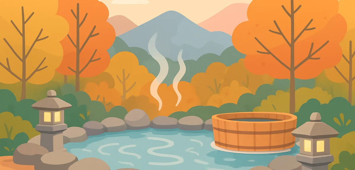 A rustic outdoor hot spring surrounded by early-autumn forest in the Tohoku mountains, steam rising 