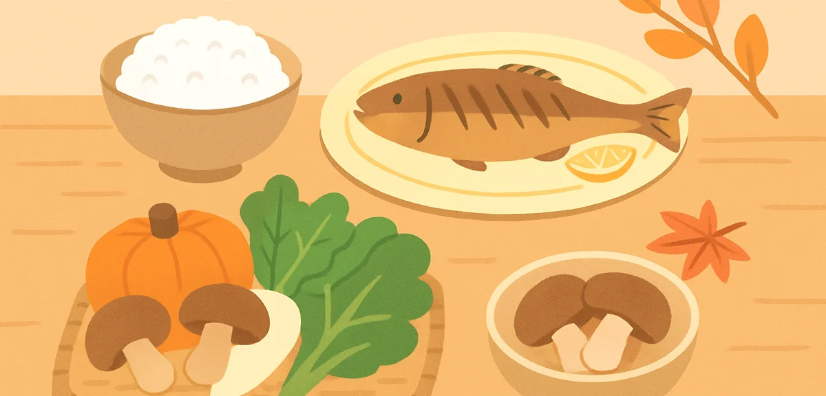 A table of Tohoku autumn seasonal food, freshly harvested new rice in a wooden bowl, grilled seasona