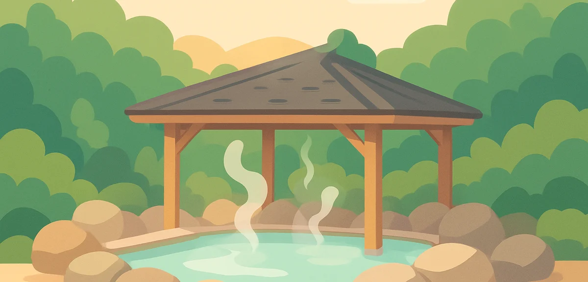 A traditional Japanese open-air onsen bath surrounded by green forest and rocks in Kyushu, gentle st