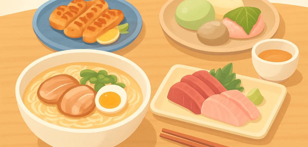 A vibrant regional food spread from Kyushu on a wooden table, including tonkotsu ramen, grilled chic