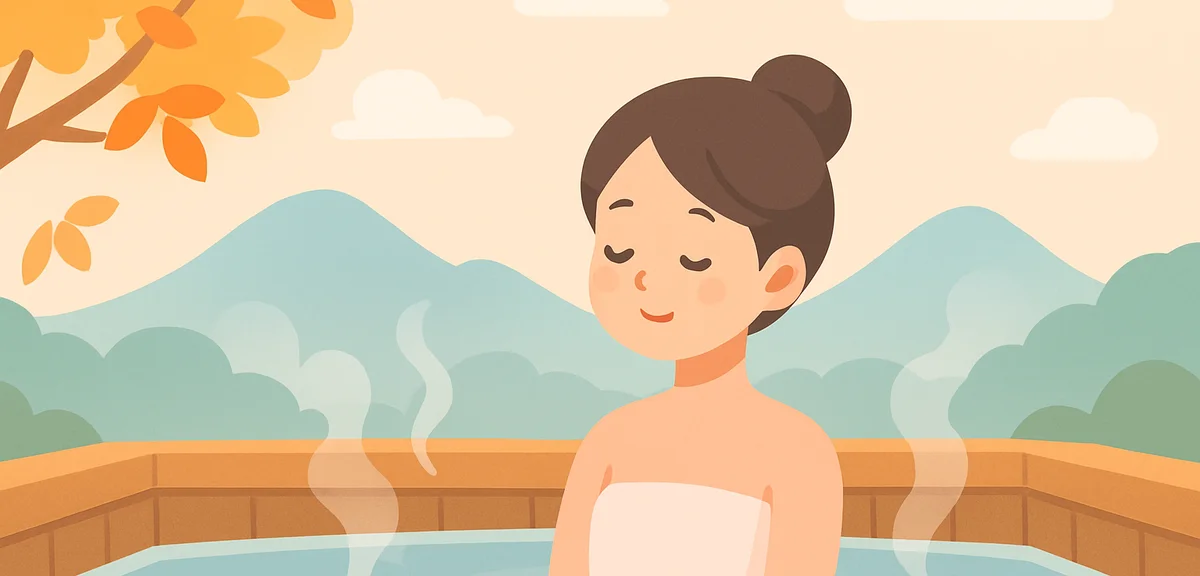 A solo traveler soaking alone in a quiet open-air hot spring in early autumn Japan, wooden bath over