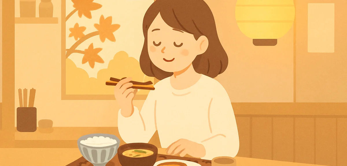 A solo traveler sitting at a counter seat in a cozy Japanese local eatery, enjoying a seasonal autum