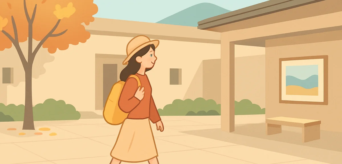 A solo traveler walking through a quiet art museum courtyard in Japan on an early autumn afternoon,